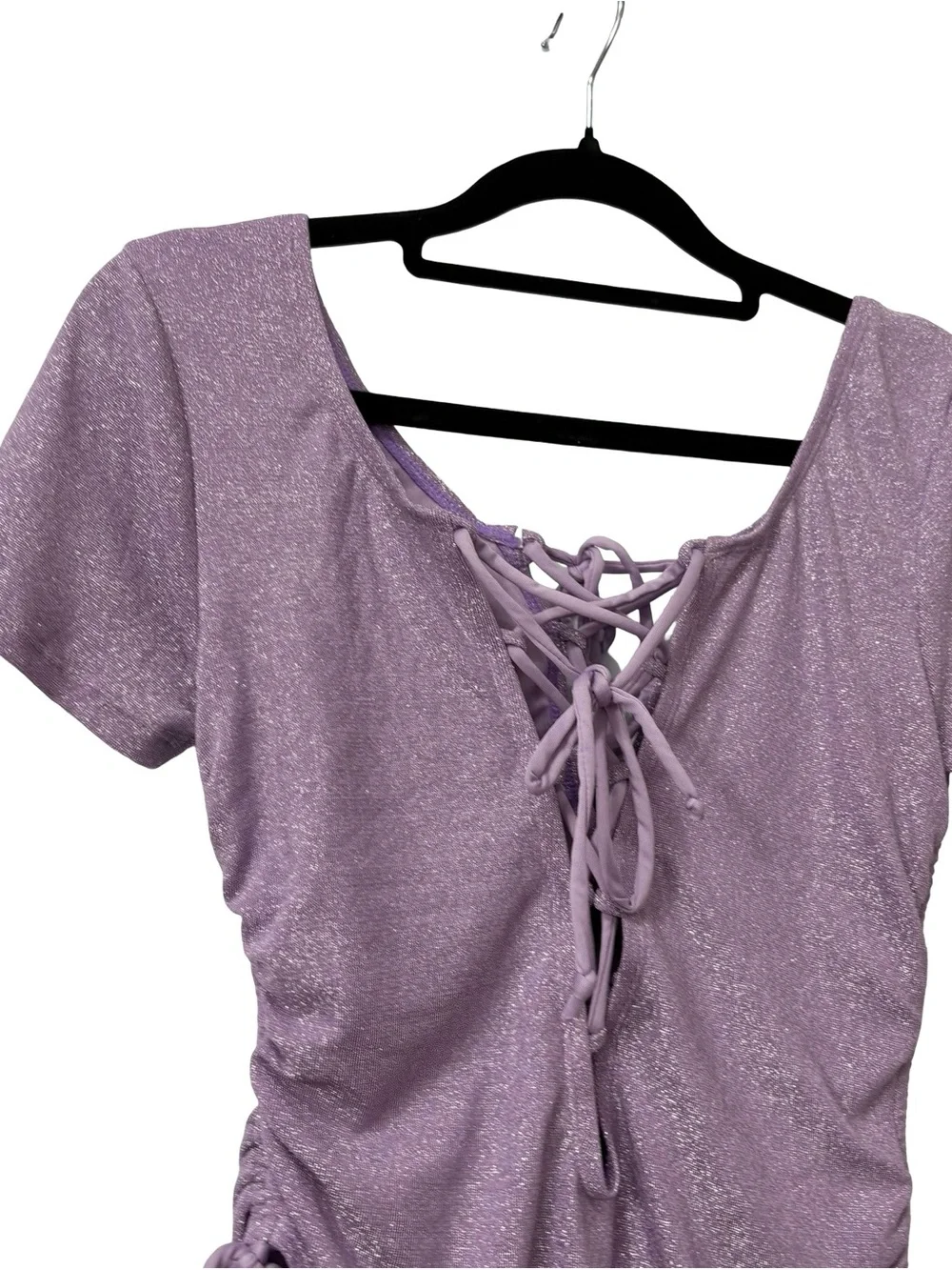 STEFANIA X BLACKMILK‎ SWIMWEAR PURPLE SHIMMERY LACED UP RUCHED SIDES SIZE SMALL